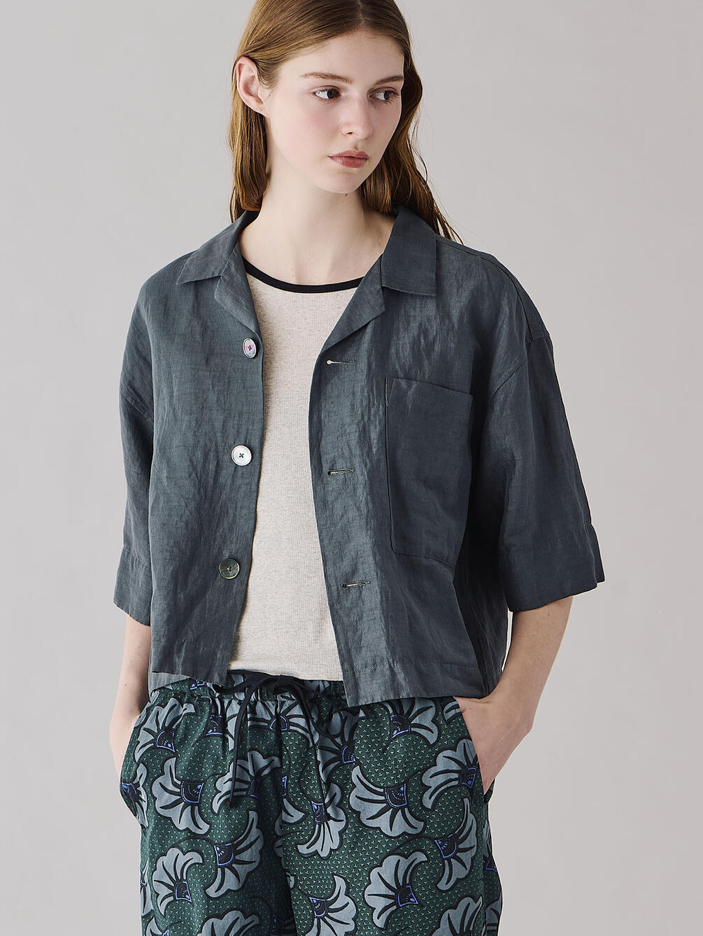 LE GLAZIK | リネンポリエステル オープンカラー半袖シャツ WOMEN