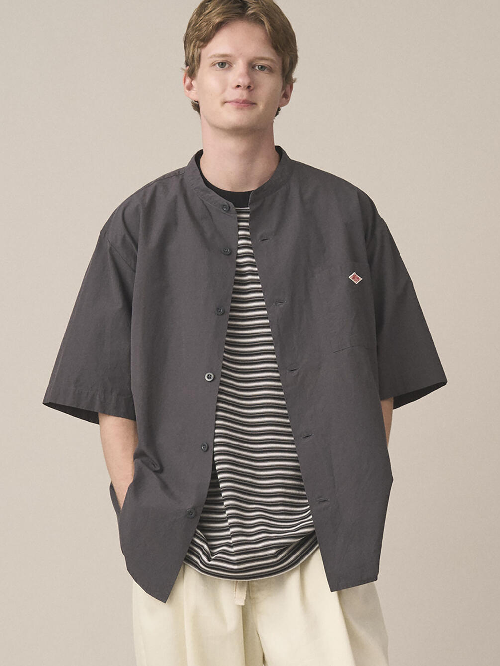 DANTON | コットンリネンブロード バンドカラー半袖シャツ MEN