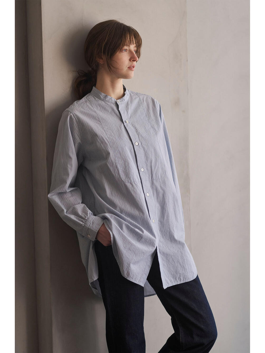 INDIA INDUSTRY | コットン バンドカラーブザムチュニックシャツ STRIPE WOMEN