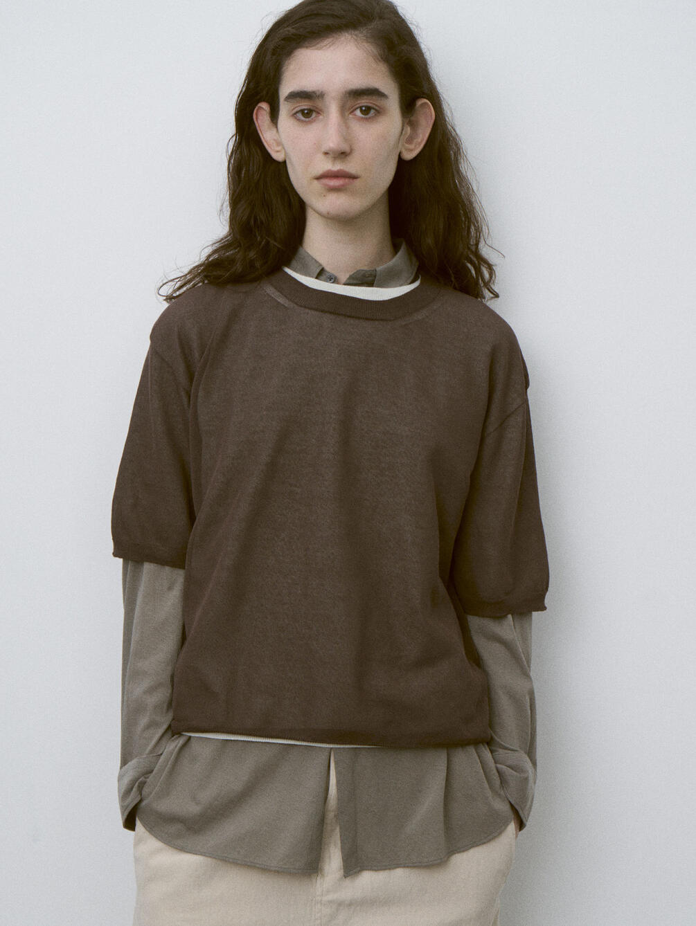 UNFIL | ハイツイストコットン シアー レイヤード半袖ニット WOMEN