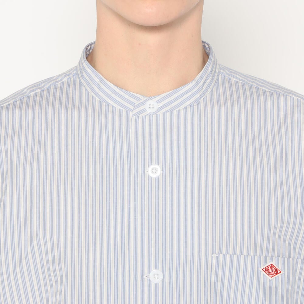 MEN'S COTTON LINEN SHORT SLEEVE BAND COLLAR SHIRT STRIPE